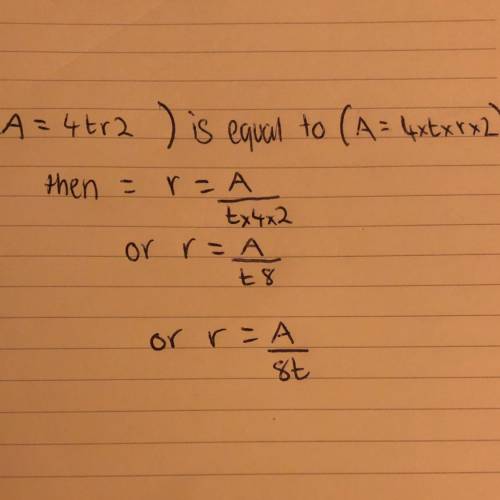 The formula for the surface area of a sphere is a = 4tr2. which equation correctly solves the equati