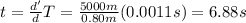 t= \frac{d'}{d}T=\frac{5000 m}{0.80 m}(0.0011 s)=6.88 s