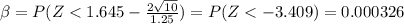 \beta = P(Z< 1.645 - \frac{2\sqrt{10}}{1.25}) = P(Z