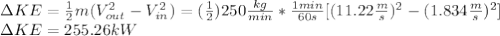 \Delta KE=\frac{1}{2} m(V_{out}^2-V_{in}^2)=(\frac{1}{2})250\frac{kg}{min}* \frac{1min}{60s}[(11.22\frac{m}{s} )^2-(1.834\frac{m}{s} )^2]\\\Delta KE=255.26kW