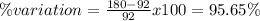 \% variation = \frac{180-92}{92} x100 = 95.65\%
