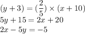 (y +3 )=(\dfrac{2}{5})\times (x+10) \\5y+15=2x+20\\2x-5y=-5