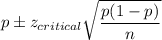 p \pm z_{critical}\sqrt{\dfrac{p(1-p)}{n}}