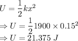U=\dfrac{1}{2}kx^2\\\Rightarrow U=\dfrac{1}{2}1900\times 0.15^2\\\Rightarrow U=21.375\ J