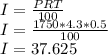 I=\frac{PRT}{100}\\I=\frac{1750*4.3*0.5}{100}\\I=37.625