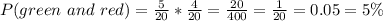 P(green\ and\ red)=\frac{5}{20}*\frac{4}{20}=\frac{20}{400}=\frac{1}{20}=0.05=5\%