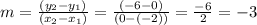 m=\frac{(y_2 -y_1)}{(x_2-x_1)}= \frac{(-6-0)}{(0-(-2))} = \frac{-6}{2} = -3