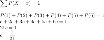 \displaystyle\sum P(X=x) = 1\\\\P(1) +P(2) +P(3) +P(4) +P(5) +P(6) = 1\\c + 2c + 3c + 4c + 5c + 6c = 1\\21c = 1\\c = \dfrac{1}{21}