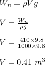 W_n = \rho Vg\\\\V = \frac{W_n}{\rho  g} \\\\V = \frac{410 \times 9.8}{1000 \times 9.8} \\\\V = 0.41 \ m^3