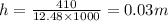 h=\frac{410}{12.48\times 1000}=0.03 m
