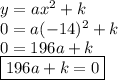 y = ax^2 + k&#10;\\ 0 = a(-14)^2 + k&#10;\\ 0 = 196a + k&#10;\\ \boxed{196a + k =0}