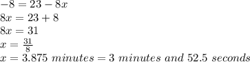 -8=23-8x\\8x=23+8\\8x=31\\x=\frac{31}{8}\\x=3.875\ minutes=3\ minutes\ and\ 52.5\ seconds