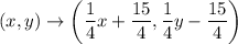 (x,y)\rightarrow \left(\dfrac{1}{4}x+\dfrac{15}{4},\dfrac{1}{4}y-\dfrac{15}{4}\right)