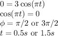 0 = 3\cos(\pi t)\\\cos(\pi t) = 0\\\phi = \pi/2~{\rm or}~3\pi/2\\t = 0.5s~ {\rm or} ~1.5s