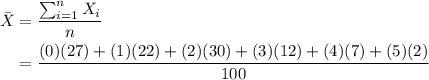 \begin{aligned}\bar{X} &=\frac{\sum_{i=1}^{n} X_{i}}{n} \\&=\frac{(0)(27)+(1)(22)+(2)(30)+(3)(12)+(4)(7)+(5)(2)}{100}\end{aligned}