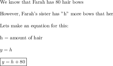\text{We know that Farah has 80 hair bows}\\\\\text{However, Farah's sister has "h" more bows that her}\\\\\text{Lets make an equation for this:}\\\\\text{h = amount of hair}\\\\y = h\\\\\boxed{y = h + 80}