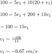 100 = 5v_1 + 10(20+ v_1)\\\\100 = 5v_1 + 200 + 10v_1\\\\-100 = 15v_1\\\\v_1 = \frac{-100}{15} \\\\v_1 = -6.67 \ cm/s