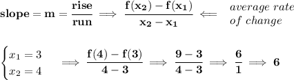 \bf slope = {{ m}}= \cfrac{rise}{run} \implies &#10;\cfrac{{{ f(x_2)}}-{{ f(x_1)}}}{{{ x_2}}-{{ x_1}}}\impliedby &#10;\begin{array}{llll}&#10;average\ rate\\&#10;of\ change&#10;\end{array}&#10;\\\\\\&#10;\begin{cases}&#10;x_1=3\\&#10;x_2=4&#10;\end{cases}\implies \cfrac{f(4)-f(3)}{4-3}\implies \cfrac{9-3}{4-3}\implies \cfrac{6}{1}\implies 6