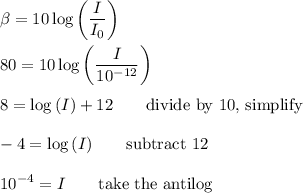 \displaystyle\beta=10 \log{\left(\frac{I}{I_0}\right)}\\\\80=10\log{\left(\frac{I}{10^{-12}}\right)}\\\\8=\log{(I)}+12\qquad\text{divide by 10, simplify}\\\\-4=\log{(I)}\qquad\text{subtract 12}\\\\10^{-4}=I\qquad\text{take the antilog}