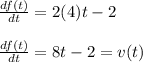 \frac{df(t)}{dt} = 2(4)t-2\\\\\frac{df(t)}{dt} = 8t-2 = v (t)
