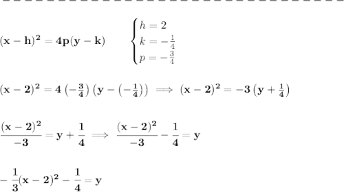 \bf -------------------------------\\\\&#10;(x-{{ h}})^2=4{{ p}}(y-{{ k}}) \qquad &#10;\begin{cases}&#10;h=2\\&#10;k=-\frac{1}{4}\\&#10;p=-\frac{3}{4}&#10;\end{cases}&#10;\\\\\\&#10;(x-2)^2=4\left( -\frac{3}{4} \right)\left( y-\left( -\frac{1}{4} \right) \right)\implies (x-2)^2=-3\left( y+\frac{1}{4} \right)&#10;\\\\\\&#10;\cfrac{(x-2)^2}{-3}=y+\cfrac{1}{4}\implies \cfrac{(x-2)^2}{-3}-\cfrac{1}{4}=y&#10;\\\\\\&#10;-\cfrac{1}{3}(x-2)^2-\cfrac{1}{4}=y