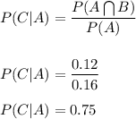 P(C|A)=\dfrac{P(A\bigcap B)}{P(A)}\\\\\\P(C|A)=\dfrac{0.12}{0.16}\\\\P(C|A)=0.75
