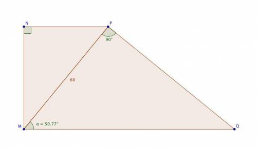 In right trapezoid mnpq  mq ∥  np , mn ⊥ np , the diagonal is perpendicular to the leg and has 60ft