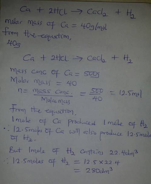 The following reaction is done at t = 25°c and p= 1.0 atm: ca (s) + 2 hcl (aq) → cacl_2 (aq) + h_2 (