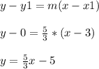 y-y1=m(x-x1)\\\\ y-0=\frac{5}{3} *(x-3)\\\\ y=\frac{5}{3} x-5