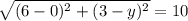 \sqrt{(6-0)^2+(3-y)^2}=10