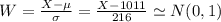 W = \frac{X-\mu}{\sigma} = \frac{X-1011}{216} \simeq N(0,1)