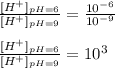 \frac{[H^+]_{pH=6}}{[H^+]_{pH=9}}=\frac{10^{-6}}{10^{-9}}\\\\\frac{[H^+]_{pH=6}}{[H^+]_{pH=9}}=10^3