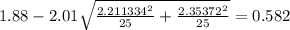 1.88-2.01\sqrt{\frac{2.211334^2}{25}+\frac{2.35372^2}{25}}=0.582