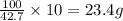 \frac{100}{42.7}\times 10=23.4g