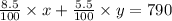 \frac{8.5}{100} \times x + \frac{5.5}{100} \times y = 790