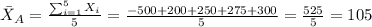 \bar X_A = \frac{\sum_{i=1}^5 X_i}{5} =\frac{-500+200+250+275+300}{5}=\frac{525}{5}=105