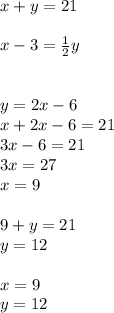 x+y=21\\ \\ x-3=\frac{1}{2}y \\ \\ \\ y=2x-6\\ x+2x-6=21\\ 3x-6=21\\ 3x=27\\x=9\\ \\  9+y=21\\ y=12\\ \\ x=9\\ y=12