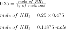 0.25 = \frac{ mole \ of \ NH_3}{kg \ of \ methanol} \\\\mole \ of \ NH_3 = 0.25 \times 0.475\\\\mole \ of \ NH_3 = 0.11875 \ mole