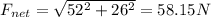 F_{net} = \sqrt{52^2 + 26^2} = 58.15 N