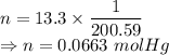 n=13.3\times \dfrac{1}{200.59}\\\Rightarrow n=0.0663\ molHg