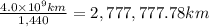 \frac{4.0\times 10^9 km}{1,440}=2,777,777.78 km