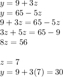 y = 9 + 3z\\y = 65 -5z\\9 + 3z = 65-5z\\3z + 5z = 65-9\\8z = 56\\\\z = 7\\y = 9+3(7) = 30