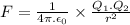 F=\frac{1}{4\pi.\epsilon_0}\times \frac{Q_1.Q_2}{r^2}