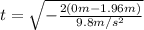 t=\sqrt{-\frac{2(0 m-1.96 m)}{9.8 m/s^{2}}}