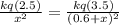 \frac{kq(2.5)}{x^2}=\frac{kq(3.5)}{(0.6+x)^2}