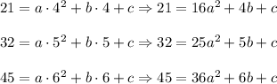 21=a\cdot 4^2+b\cdot 4+c\Rightarrow 21=16a^2+4b+c\\ \\32=a\cdot 5^2+b\cdot 5+c\Rightarrow 32=25a^2+5b+c\\ \\45=a\cdot 6^2+b\cdot 6+c\Rightarrow 45=36a^2+6b+c