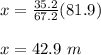x=\frac{35.2}{67.2}(81.9)\\\\x=42.9\ m