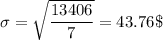 \sigma = \sqrt{\dfrac{13406}{7}} = 43.76\$