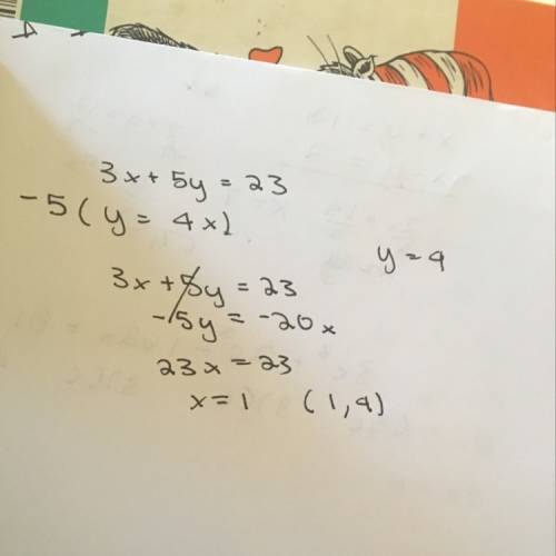 3x + 5y = 23 y = 4x what are x and y that make both equations true?