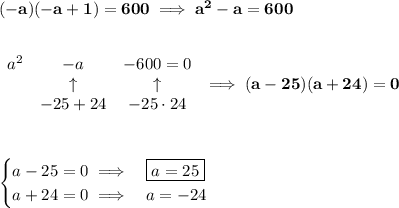 \bf (-a)(-a+1)=600\implies a^2-a=600&#10;\\\\\\&#10;\begin{array}{lcclll}&#10;a^2&-a&-600=0\\&#10;&\uparrow &\uparrow \\&#10;&-25+24&-25\cdot 24&#10;\end{array} \implies (a-25)(a+24)=0&#10;\\\\\\&#10;&#10;\begin{cases}&#10;a-25=0\implies &\boxed{a=25}\\&#10;a+24=0\implies &a=-24&#10;\end{cases}